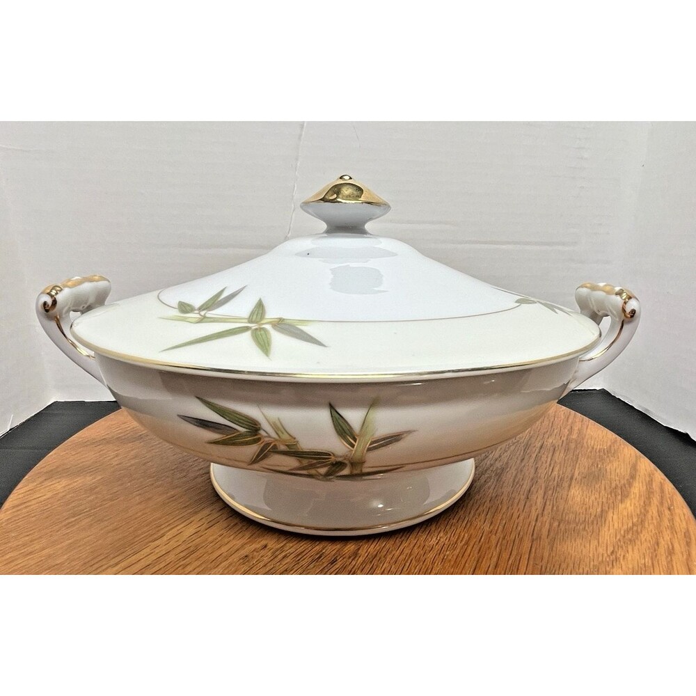 Vintage Kutani Japan Bamboo Tree Pattern Fine Bone China 9" Serving Dish w/Lid